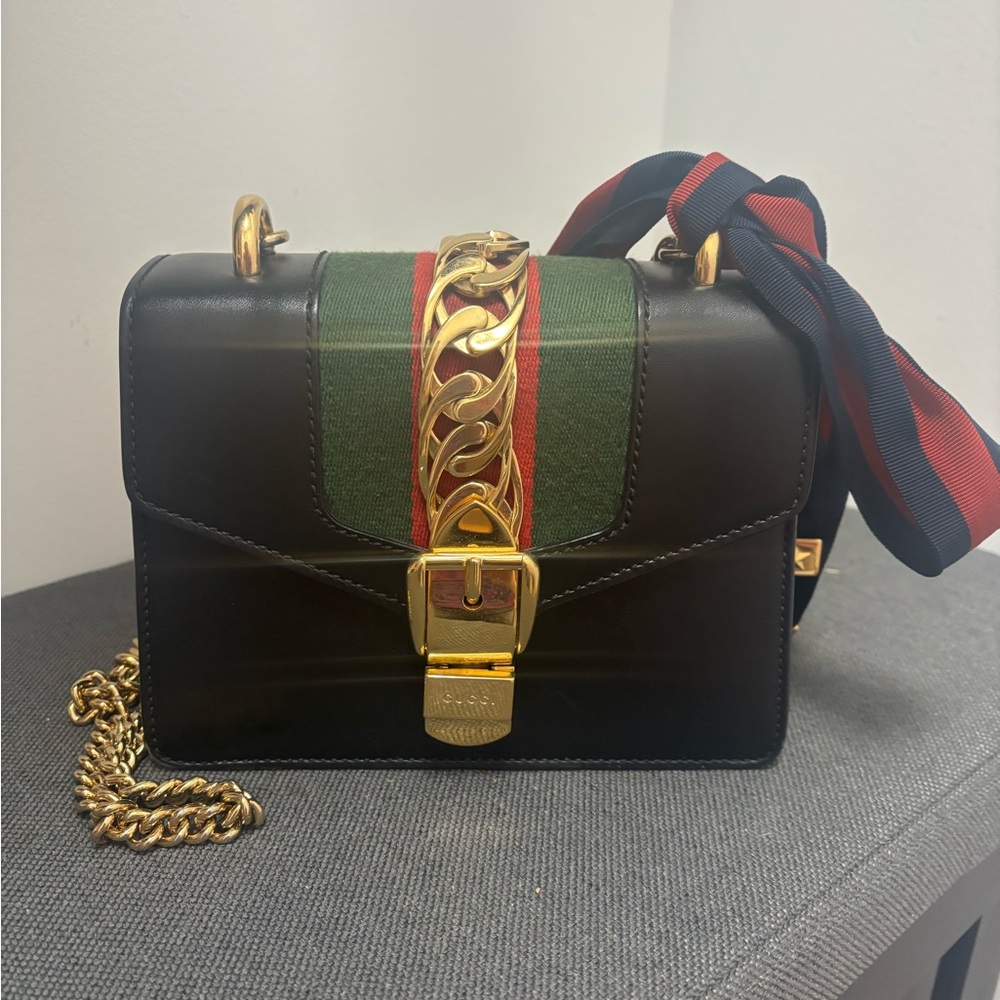 Gucci Sylvie Mini Black Leather Bag Green & Red Stripe and Gold Chain Authentic